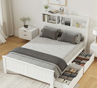 Golem Double White Wooden Bed Frame with Storage