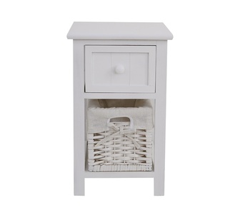 Haezane White Bedside Table with Wicker Basket