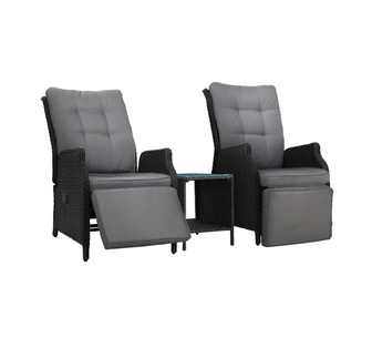 Hiro 3 Piece Black Wicker Recliner Outdoor Sun Lounge Set