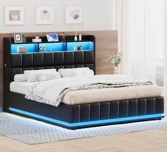 Janica Queen LED Black Gas Lift Bed Frame