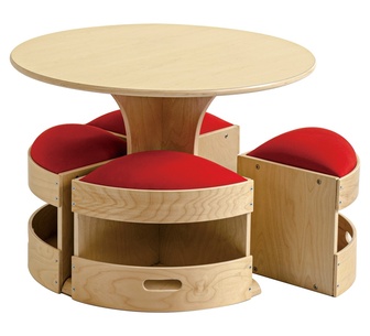 Jooyes Kids Wooden Table w/ Set of 5 Storage Stools Oak/Red