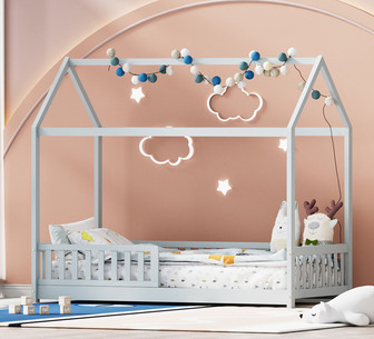 Kalil Single Grey Wooden Kids House Bed Frame