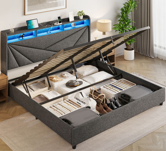 Kiora King Grey Upholstered Gas Lift Storage Bed with LED