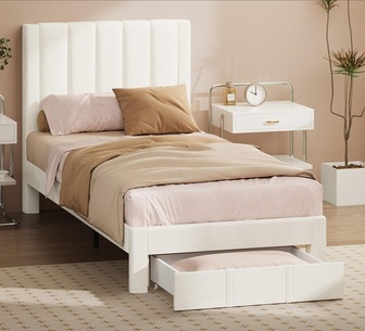 Kiyoko Single Beige Bed Frame with Drawer