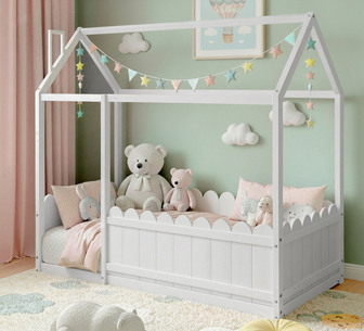 Konny Single White Wooden Kids House Bed Frame