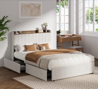Laren Double Beige Bed Frame with USB Port & Storage