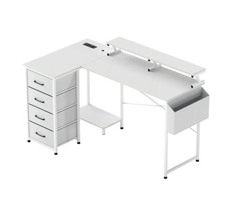Lerna White L-Shape LED Gaming Desk with Storage