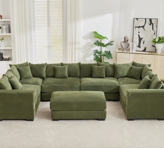 Rulie 6 Seater Green Corduroy Modular Sofa with Ottoman