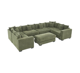 Rulie 6 Seater Green Corduroy Modular Sofa with Ottoman