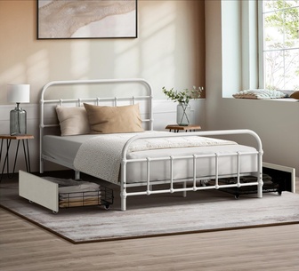 Lurienne King Single White Metal Bed Frame with 2 Drawers