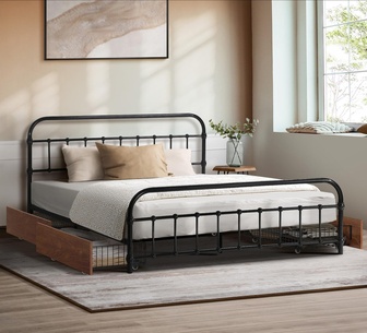 Lurienne Queen Black Metal Bed Frame with 4 Drawers