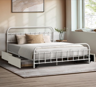 Lurienne Queen White Metal Bed Frame with 4 Drawers