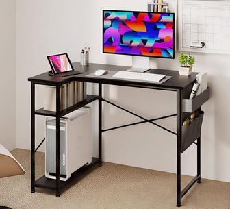 Luxeora L-Shaped Black Office Desk with 2 Storage Shelves