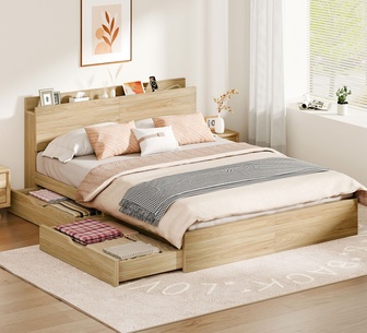 Maribel Double Oak Bed with Charging Station & Storage