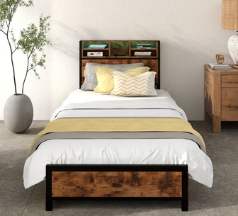 Margie Single Brown LED Bed Frame with Charging Station