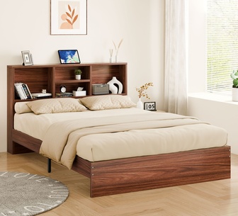 Maynard Queen Walnut Bed Frame with Bookshelf Storage