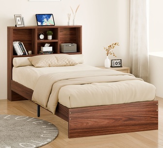 Maynard Single Walnut Bed Frame with Bookshelf Storage