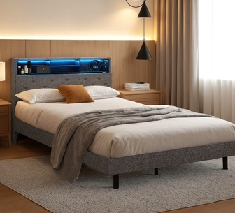 Minty King Single Grey LED Bed Frame with Shelf Storage