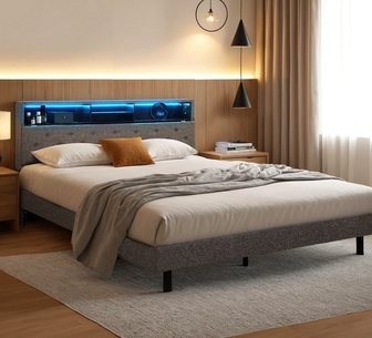 Minty Queen Grey LED Bed Frame with Shelf Storage