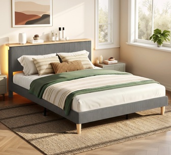 Moonra Queen Grey Lighting Headboard Curdoroy Bed Frame