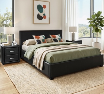 Nadda Queen Black Gas lift Bed Frame with Laur Bedside Table