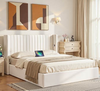 Nuvella Double White Gas Lift Bed Frame with Charging Ports