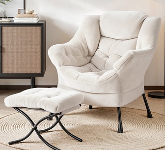 Opul Beige Velvet Accent Chair with Footrest