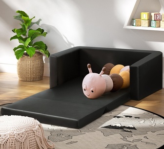 Quenby Kids Sofa 2 Seater Flip Open Couch PU Armchair Black