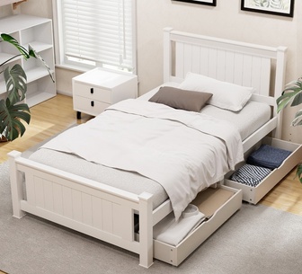 Rebero King Single White Wooden Bed Frame with Storage