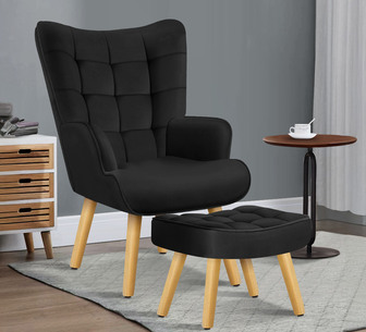 Renna Black Velvet Armchair and Footstool Set