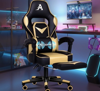 Moses Gold PU Massage Gaming Chair with Footrest