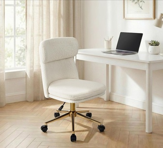 Sila White Fabric Gold Wheels Mid Back Armless Office Chair