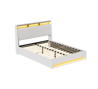 Sindy Queen White Storage Headboard Gas Lift PU Bed Frame