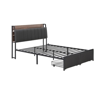 Solas Queen Grey Metal Bed Frame w/ 2 Tier Charging Station