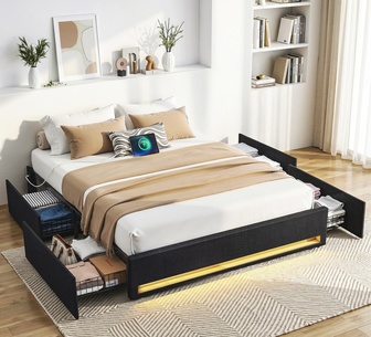 Somvel Double Black LED Bed Frame w/ Storage & Charging Port