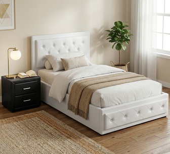 Somora White Gas Lift Bed Frame w/ Laur Black Bedside Table
