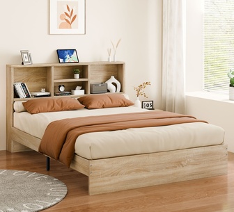 Zayra Double Oak Bed with Bookshelf Storage Headboard