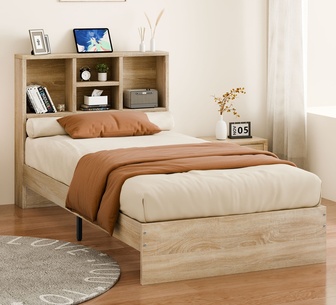 Zayra Single Oak Bed with Bookshelf Storage Headboard