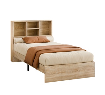 Zayra Single Oak Bed with Bookshelf Storage Headboard