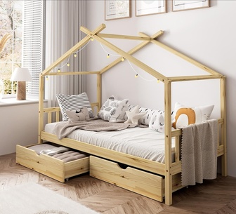 Iggy Kids House Bed Frame With Storage Single Natural