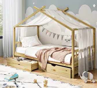 Iggy Kids House Bed Frame With Storage Single Natural