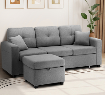 Elwine Sofa Chaise with Ottoman Light Grey
