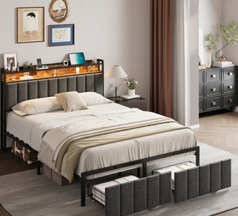 Boronia Bed With LED and Storage Drawers Queen Grey
