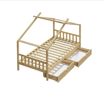 Iggy Kids House Bed Frame With Storage Single Natural