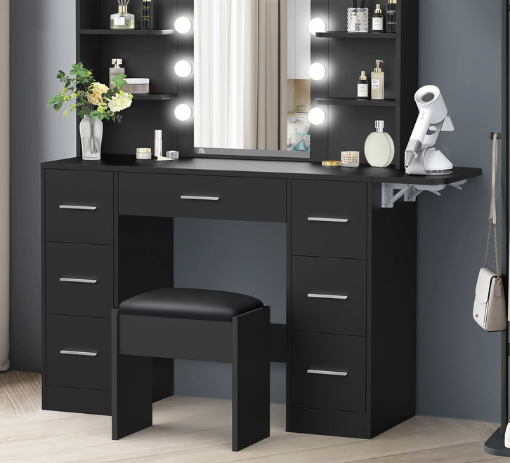 Ilaya 7 Drawer Black Dressing Table Set with LED | Makeup & Vanity Tables Ilaya 7 Drawer Black Dressing Table Set with LED | Makeup & Vanity Tables
